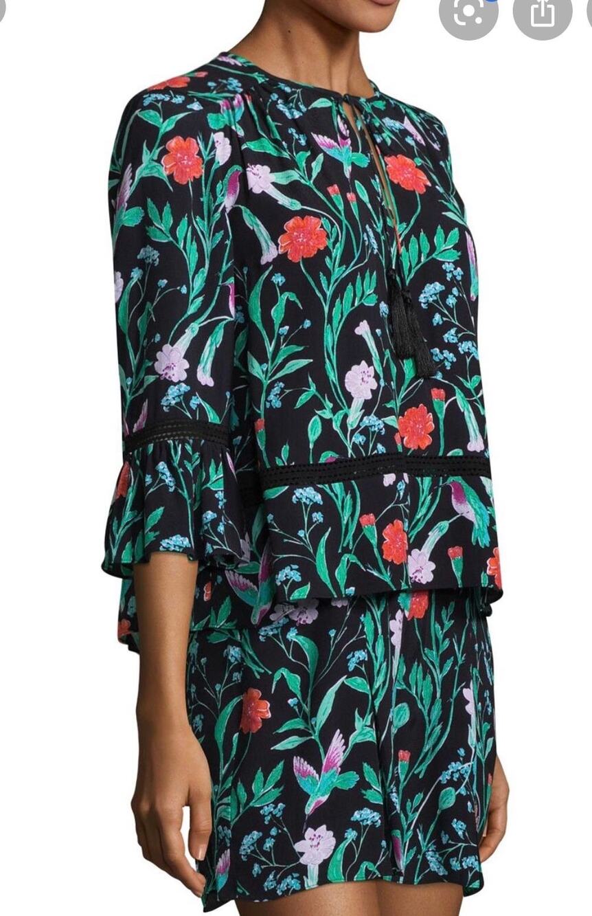 Kate Spade Jardin Crepe Hummingbird Floral Romper Black / Green - Size 6
